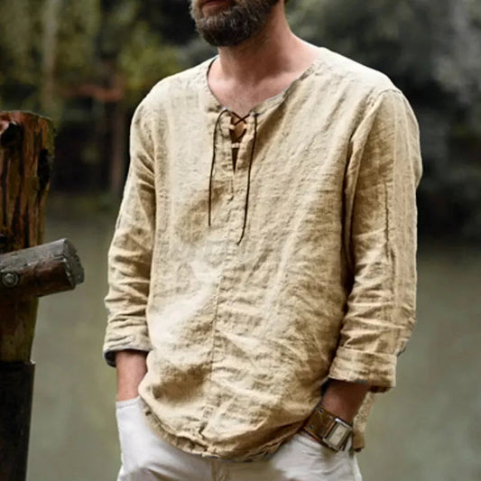 Chemise homme manches longues – Coupe décontractée – Fibres naturelles – Col lacé