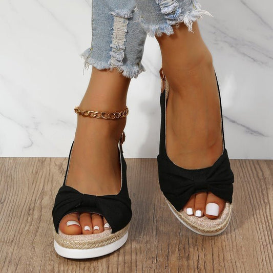 Sandales compensées femme – Bout ouvert – Bride arrière réglable – Nœud décoratif – Semelle en jute tressée