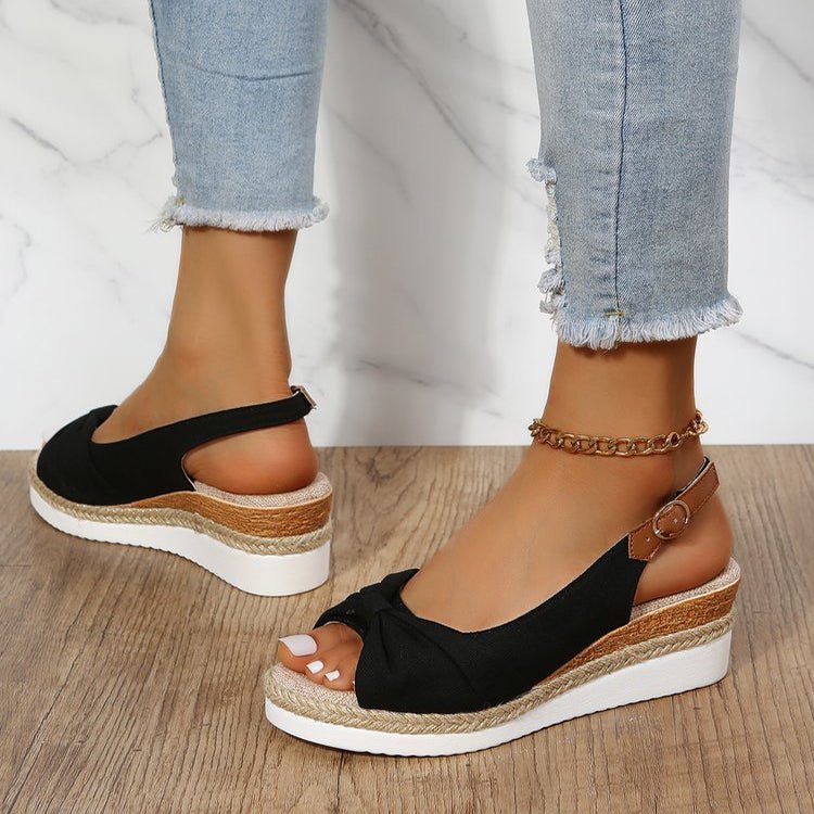 Sandales compensées femme – Bout ouvert – Bride arrière réglable – Nœud décoratif – Semelle en jute tressée