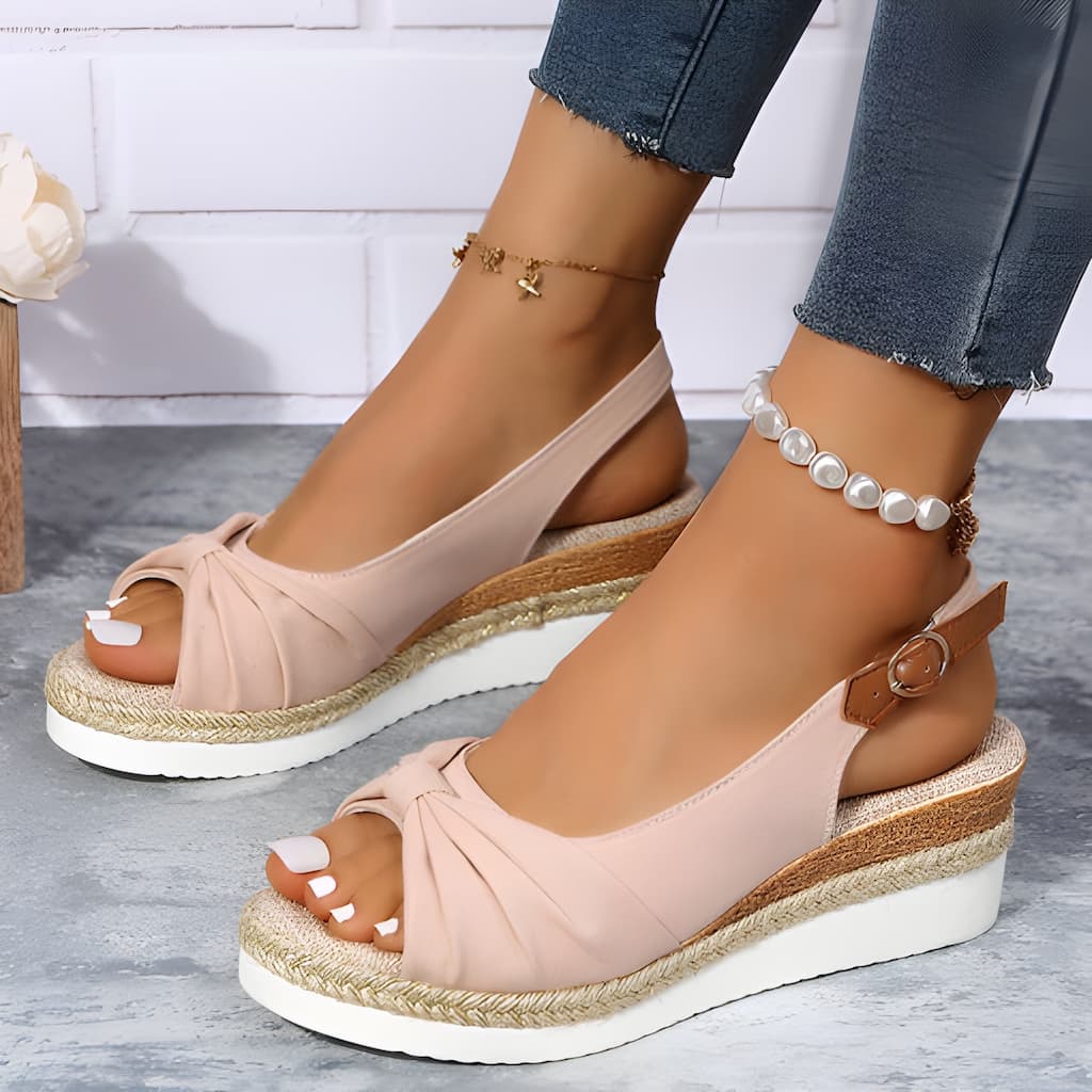 Sandales compensées femme – Bout ouvert – Bride arrière réglable – Nœud décoratif – Semelle en jute tressée