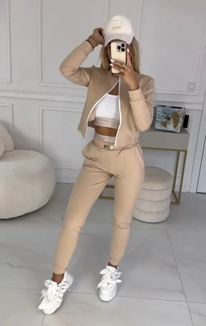 Femme Ensemble Athleisure - Bomber Crop Top - Jogging Slim - Coton Elasthanne