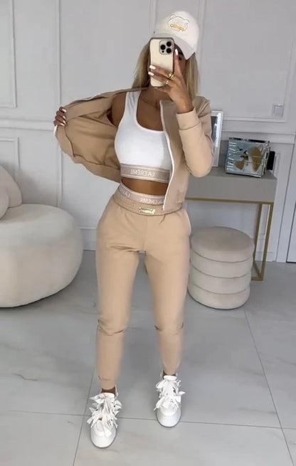 Femme Ensemble Athleisure - Bomber Crop Top - Jogging Slim - Coton Elasthanne