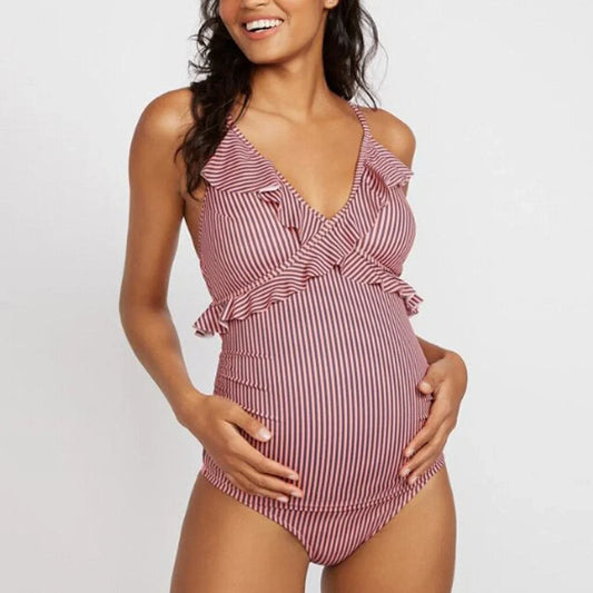 Maillot de bain grossesse femme – Une pièce – Bretelles croisées – Volants – Tissu stretch respirant
