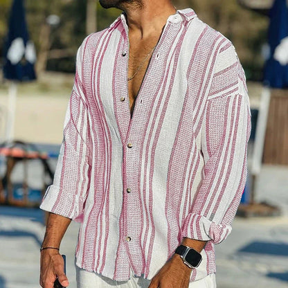 Chemise homme décontractée – Coupe ample – Rayures verticales – Fibres naturelles respirantes