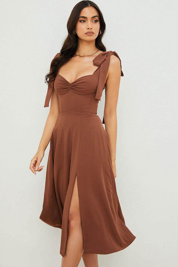 Robe Midi Femme – Coupe Évasée – Fente Haute – Bretelles à Nouer – Tissu Fluide