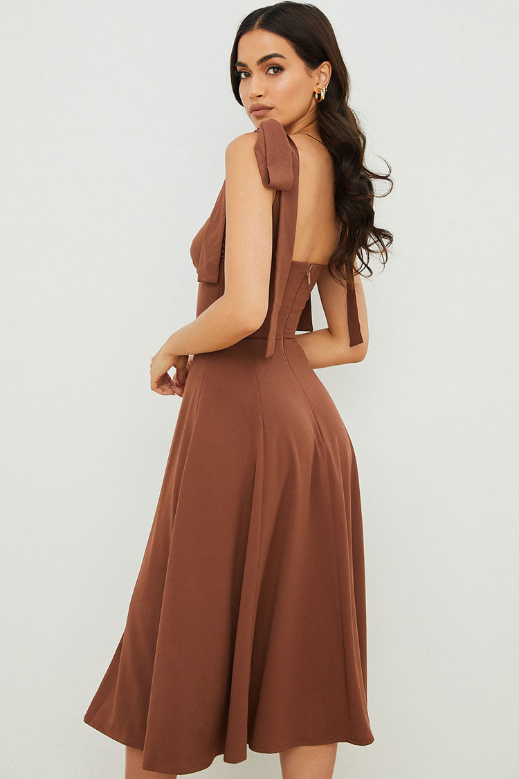 Robe Midi Femme – Coupe Évasée – Fente Haute – Bretelles à Nouer – Tissu Fluide