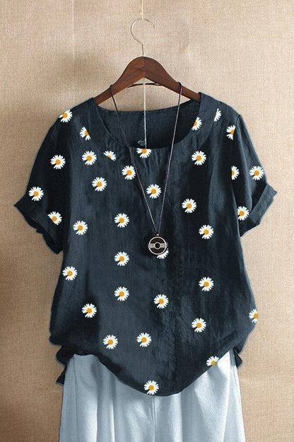 T-shirt femme – Coupe décontractée – Imprimé marguerites – Manches courtes