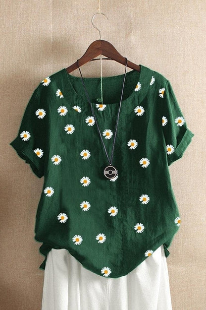 T-shirt femme – Coupe décontractée – Imprimé marguerites – Manches courtes