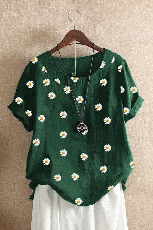 T-shirt femme – Coupe décontractée – Imprimé marguerites – Manches courtes