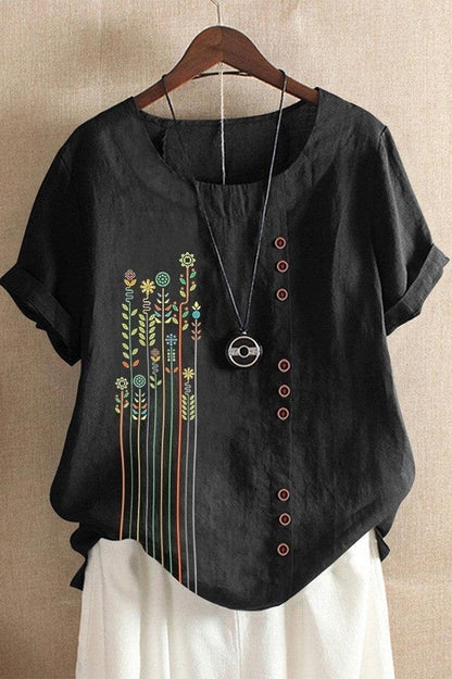 T-shirt femme – Coupe décontractée – Manches courtes – Col rond – Imprimé fleuri