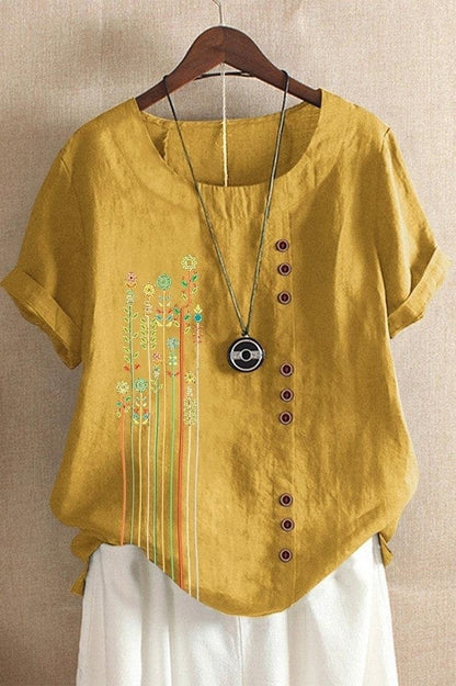 T-shirt femme – Coupe décontractée – Manches courtes – Col rond – Imprimé fleuri