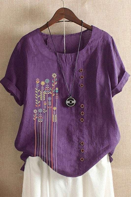 T-shirt femme – Coupe décontractée – Manches courtes – Col rond – Imprimé fleuri