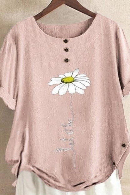 Chemise femme manches courtes – Coupe décontractée – Col rond – Imprimé floral