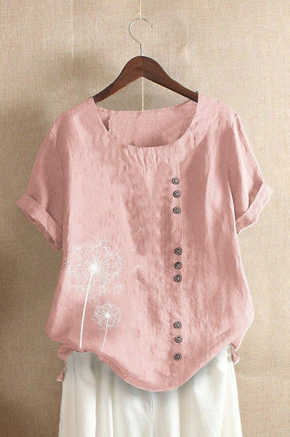 T-shirt femme – Coupe décontractée – Lin – Col rond – Manches courtes – Imprimé floral
