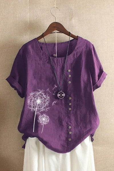 T-shirt femme – Coupe décontractée – Lin – Col rond – Manches courtes – Imprimé floral