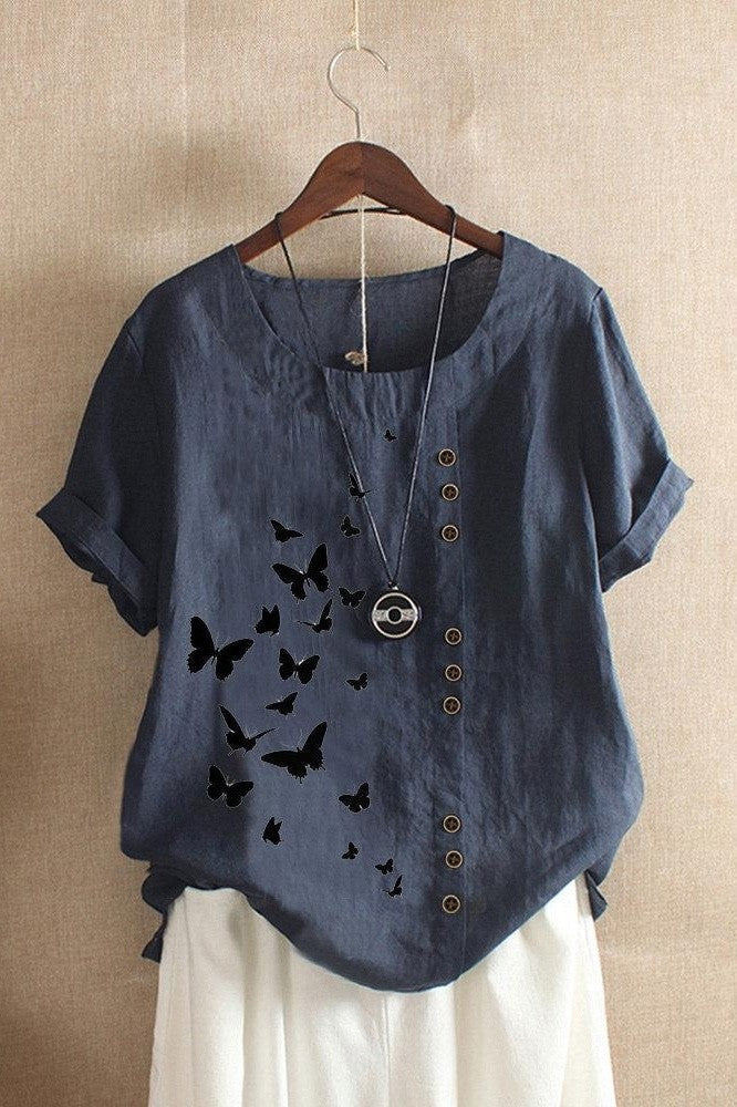 T-shirt femme – Coupe décontractée – Manches courtes retroussées – Col rond – Imprimé papillon