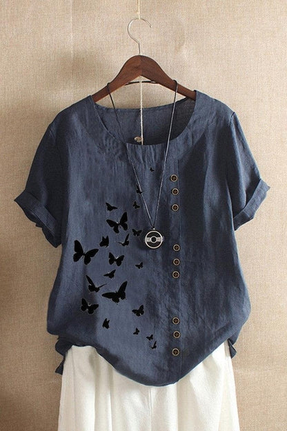 T-shirt femme – Coupe décontractée – Manches courtes retroussées – Col rond – Imprimé papillon