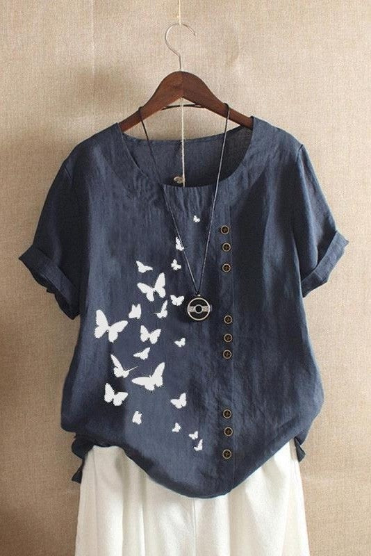 T-shirt femme – Coupe décontractée – Manches courtes retroussées – Col rond – Imprimé papillon