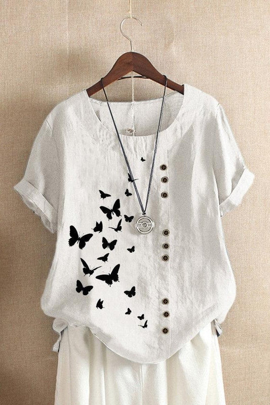 T-shirt femme – Coupe décontractée – Manches courtes retroussées – Col rond – Imprimé papillon