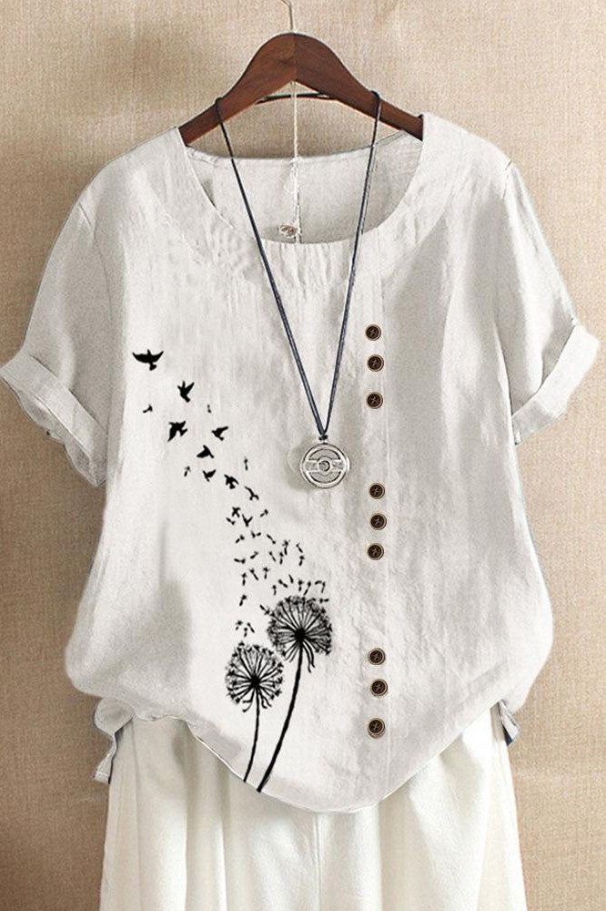 T-shirt femme – Coupe décontractée – Manches courtes – Boutons décoratifs – Motif nature