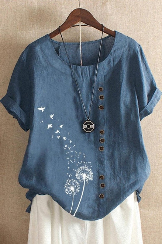 T-shirt femme – Coupe décontractée – Manches courtes – Boutons décoratifs – Motif nature