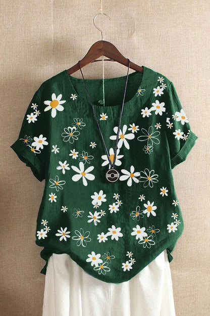 T-shirt femme – Coupe ample – Imprimé fleuri – Maille douce – Manches courtes
