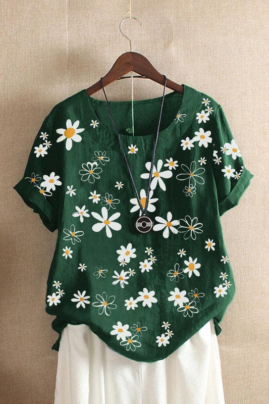 T-shirt femme – Coupe ample – Imprimé fleuri – Maille douce – Manches courtes