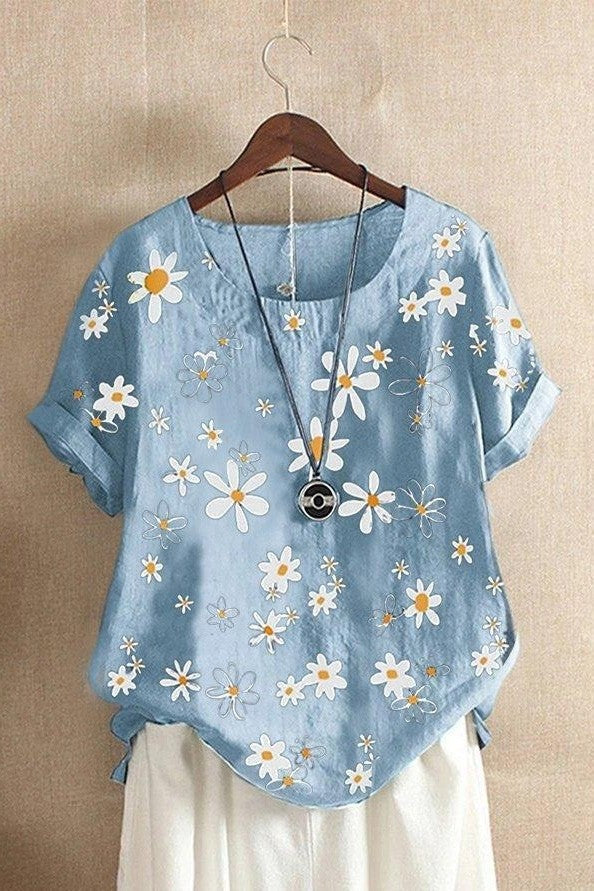 T-shirt femme – Coupe ample – Imprimé fleuri – Maille douce – Manches courtes