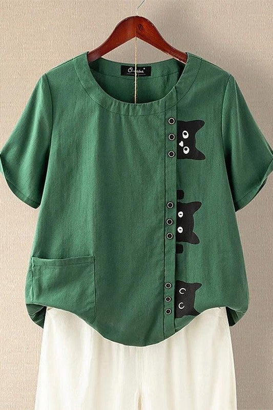 T-shirt femme – Coupe décontractée – Maille douce – Motif chat – Détail boutons