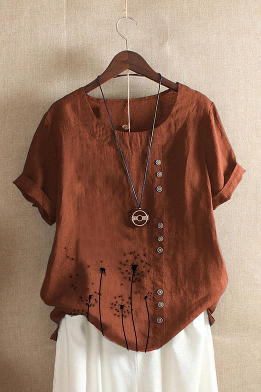 T-shirt femme – Coupe décontractée – Manches courtes – Coton – Boutons décoratifs