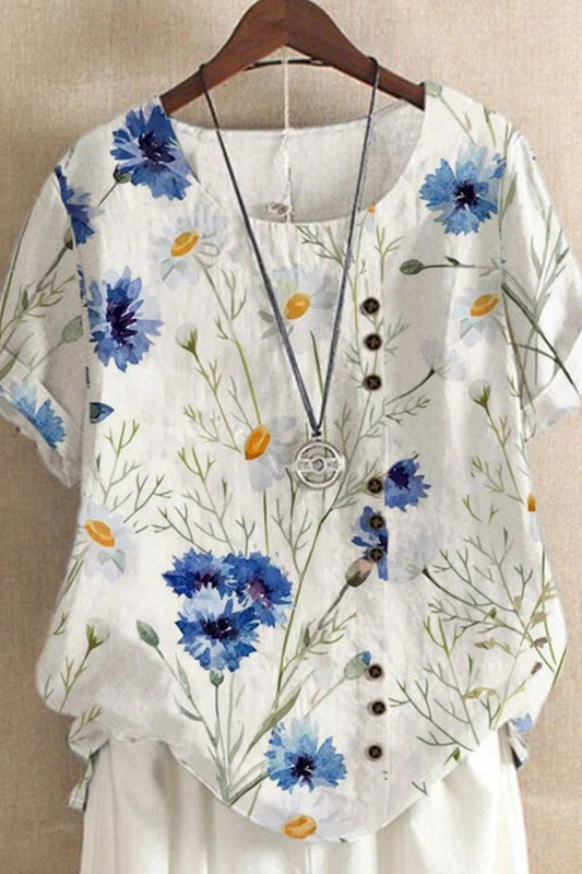 T-shirt femme – Coupe décontractée – Imprimé floral – Boutons asymétriques