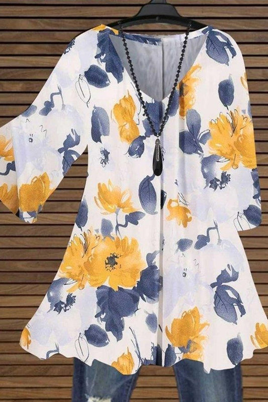 Blouse tunique femme – Col en V – Manches mi-longues – Coupe ample – Imprimé fleuri