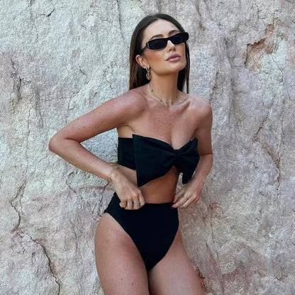 Maillot de bain femme – Ensemble bandeau sans bretelles – Taille haute – Nœud élégant – Coupe moulante