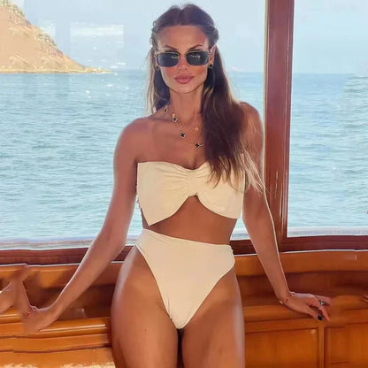 Maillot de bain femme – Ensemble bandeau sans bretelles – Taille haute – Nœud élégant – Coupe moulante