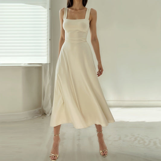 Robe midi femme – Coupe ajustée – Décolleté carré – Tissu fluide élégant