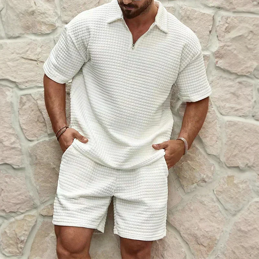 Ensemble Short Homme – Coupe Décontractée – Tissu Texturé – Haut Zippé – Taille Élastique