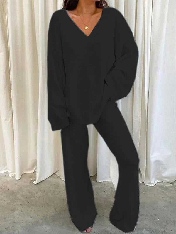 Ensemble détente femme – Maille douce – Coupe ample – Haut col V manches longues