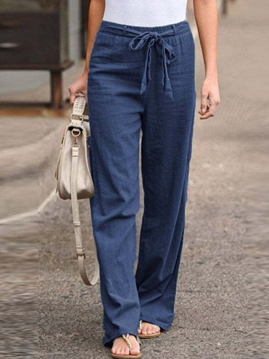 Pantalon droit femme – Coupe décontractée – Taille élastique à lien – Tissu respirant – Poches latérales