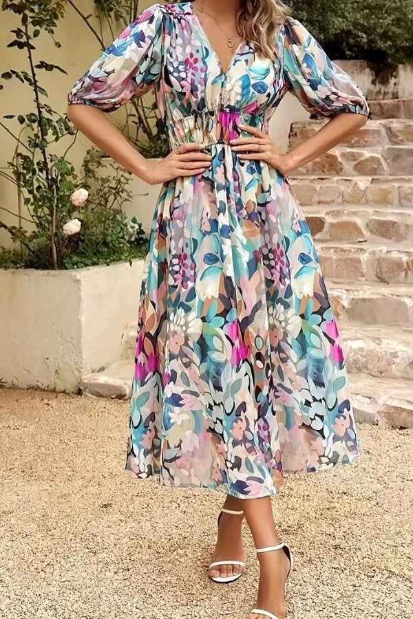 Robe midi femme – Tissu respirant – Coupe fluide – Manches bouffantes – Col en V