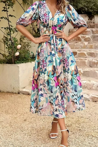 Robe midi femme – Tissu respirant – Coupe fluide – Manches bouffantes – Col en V