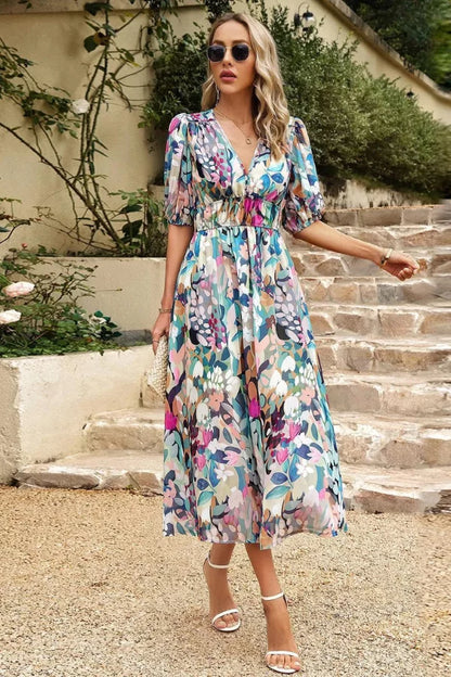 Robe midi femme – Tissu respirant – Coupe fluide – Manches bouffantes – Col en V