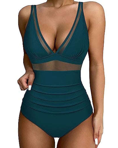 Maillot de bain femme – Coupe moulante – Décolleté plongeant – Détails en mesh respirants