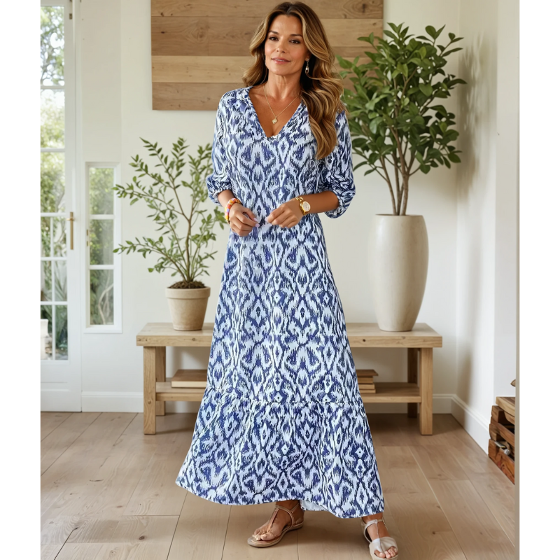Robe longue femme – Coupe fluide – Tissu respirant – Manches courtes – Style bohème