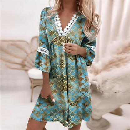 Mini robe pour femmes – Coupe fluide – Col en V dentelle – Manches 3/4 évasées – Tissu léger